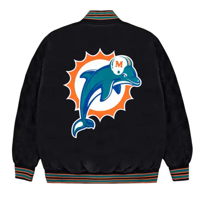 Miami Dolphins Full-Snap Varsity Black Satin Men's Bomber Jacket