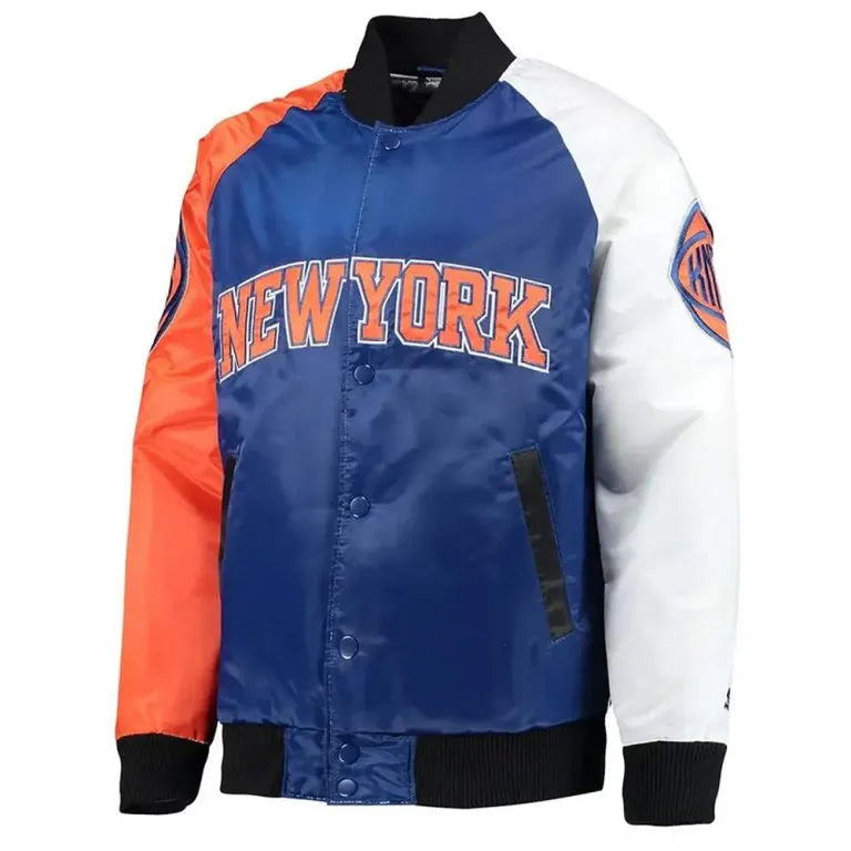 New York Knick Remix Full-Snap Varsity Multicolor Satin Men's Bomber Jacket