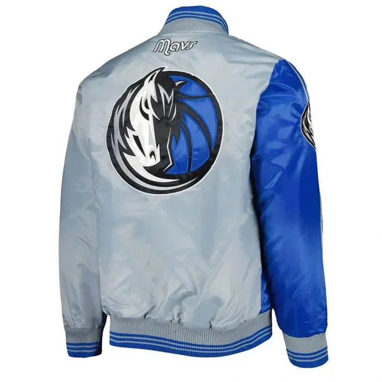 Dallas Mavericks Fast Break Full-Snap Varsity Royal Blue and Gray Satin Men's Bomber Jacket