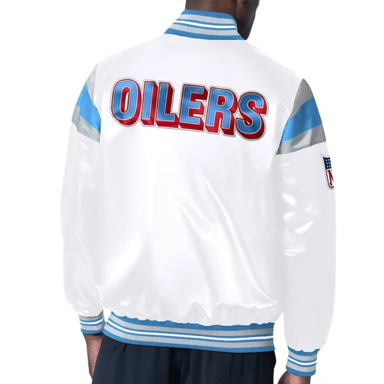 Houston Oilers Full-Snap Varsity White and Light Blue Satin Men's Bomber Jacket