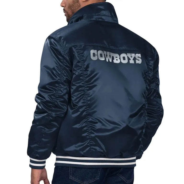 Dallas Cowboys Silver Tab Trucker Full-Snap Varsity Navy Blue Satin Men's Bomber Jacket