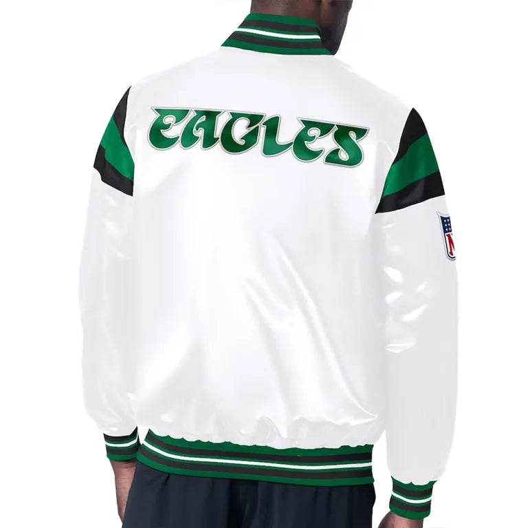 Philadelphia Eagles Midweight Full-Snap Varsity White Satin Men's Bomber Jacket
