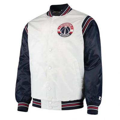 Washington Wizards Renegade Full-Snap Varsity White and Navy Blue Satin Men's Bomber Jacket
