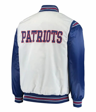 New England Patriots Renegade Full-Snap Varsity White and Blue Satin Men's Bomber Jacket