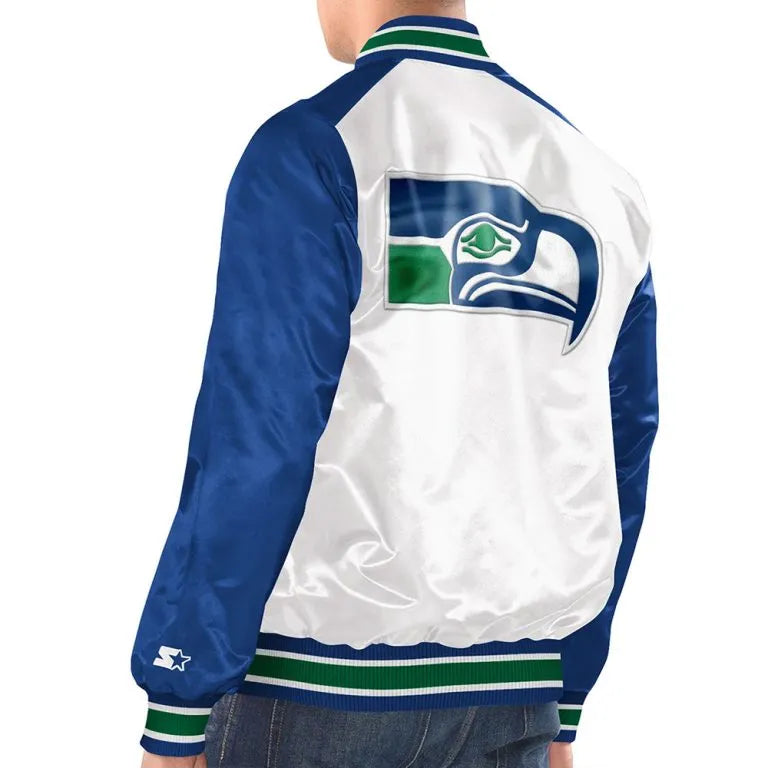 Seattle Seahawks Renegade Full-Snap Varsity Blue and White Satin Men's Bomber Jacket