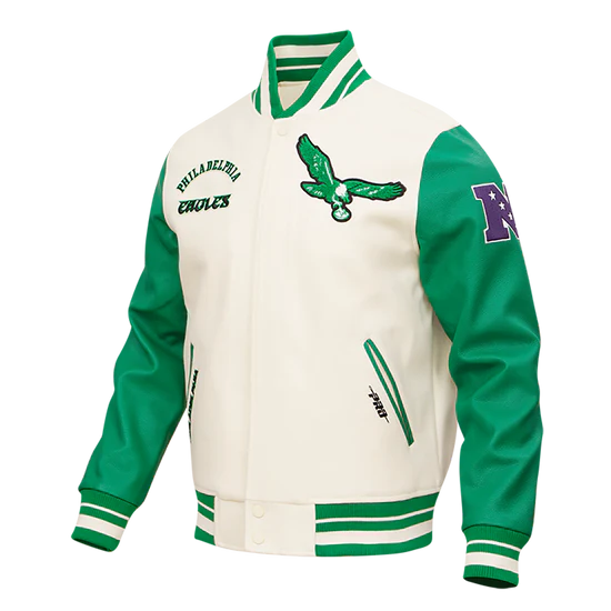 Philadelphia Eagles Mash Up Retro Classic Off White Wool & Green Genuine Leather Sleeves Men's Varsity Letterman Jacket