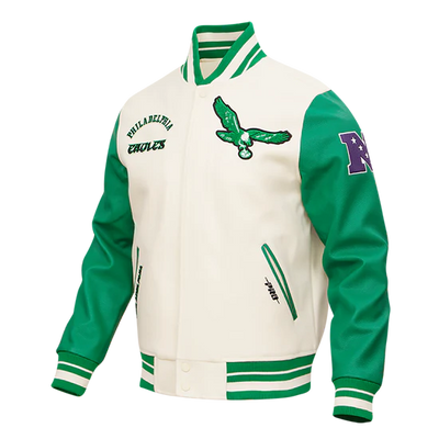 Philadelphia Eagles Mash Up Retro Classic Off White Wool & Green Genuine Leather Sleeves Men's Varsity Letterman Jacket