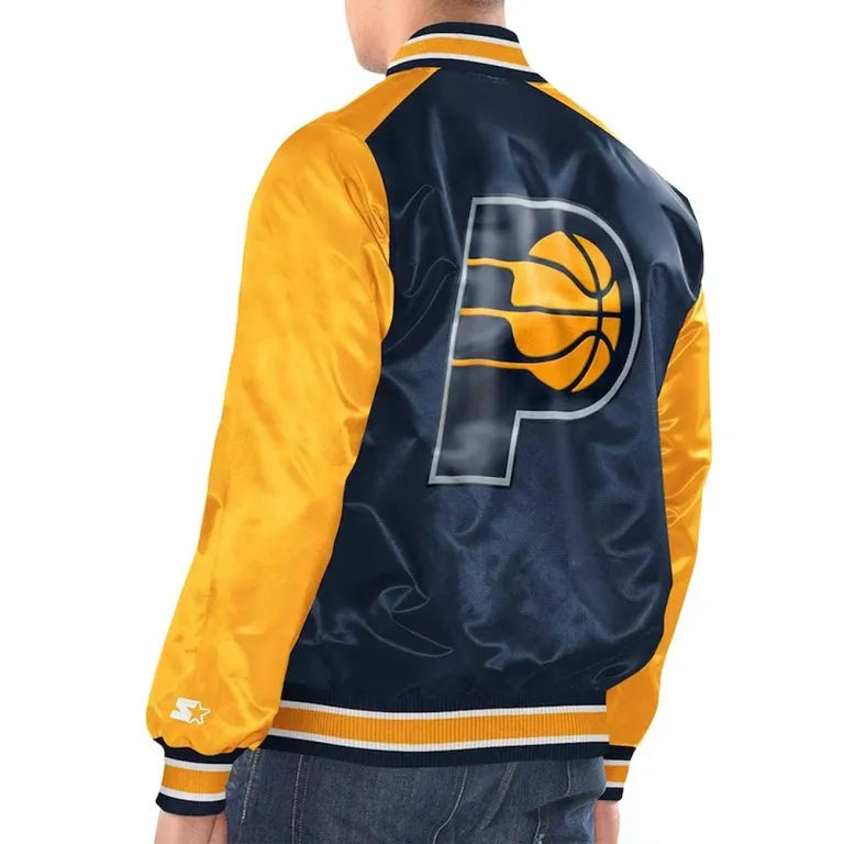 Indiana Pacers Renegade Full-Snap Varsity Yellow and Navy Blue Satin Men's Bomber Jacket