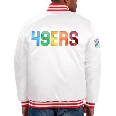 San Francisco 49ers Pride Full-Snap Varsity White Satin Men's Bomber Jacket