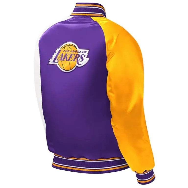 Los Angeles Lakers Youth Full-Snap Varsity Tri Color Satin Men's Bomber Jacket