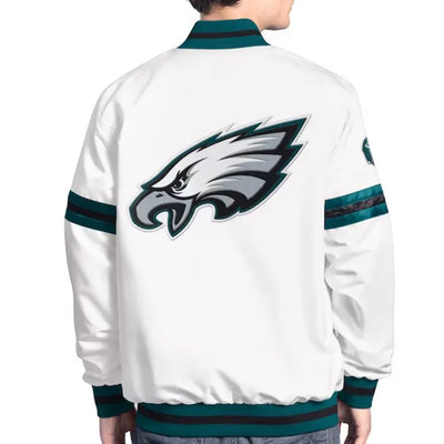 Philadelphia Eagles Vintage Scout Full-Snap Varsity White Satin Men's Bomber Jacket