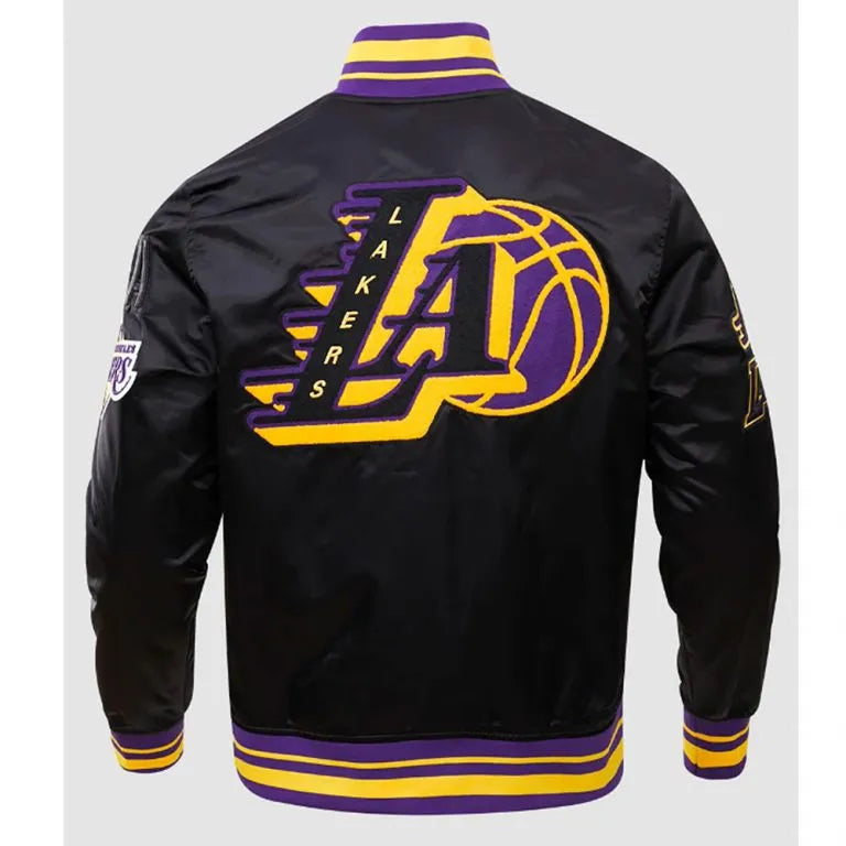 Los Angeles Lakers Mash Up Logo Full-Snap Varsity Black Satin Men's Bomber Jacket
