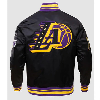 Los Angeles Lakers Mash Up Logo Full-Snap Varsity Black Satin Men's Bomber Jacket