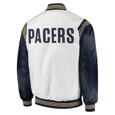 Indiana Pacers Renegade Full-Snap Varsity White and Navy Blue Satin Men's Bomber Jacket