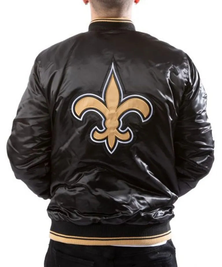 New Orleans Saints Full-Snap Varsity Black Satin Men's Bomber Jacket