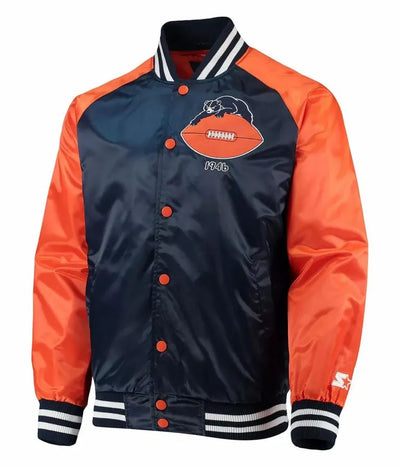 Chicago Bears Clean Up Throwback Varsity Navy Blue and Orange Satin Men's Bomber Jacket