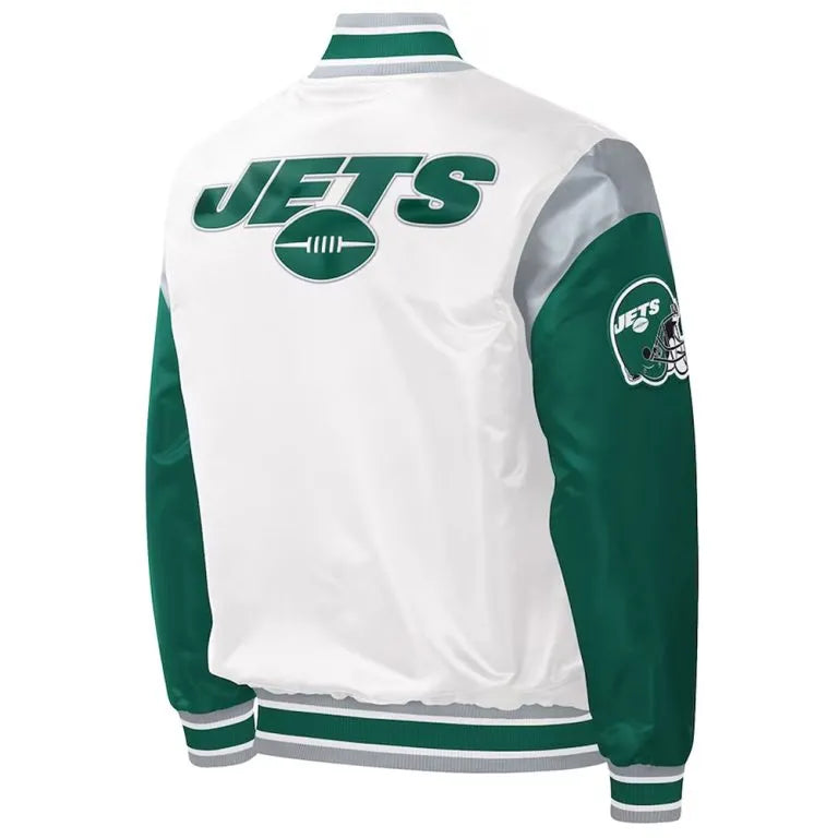 New York Jets Throwback Warm Up Pitch Full-Snap Varsity Green and White Satin Men's Bomber Jacket