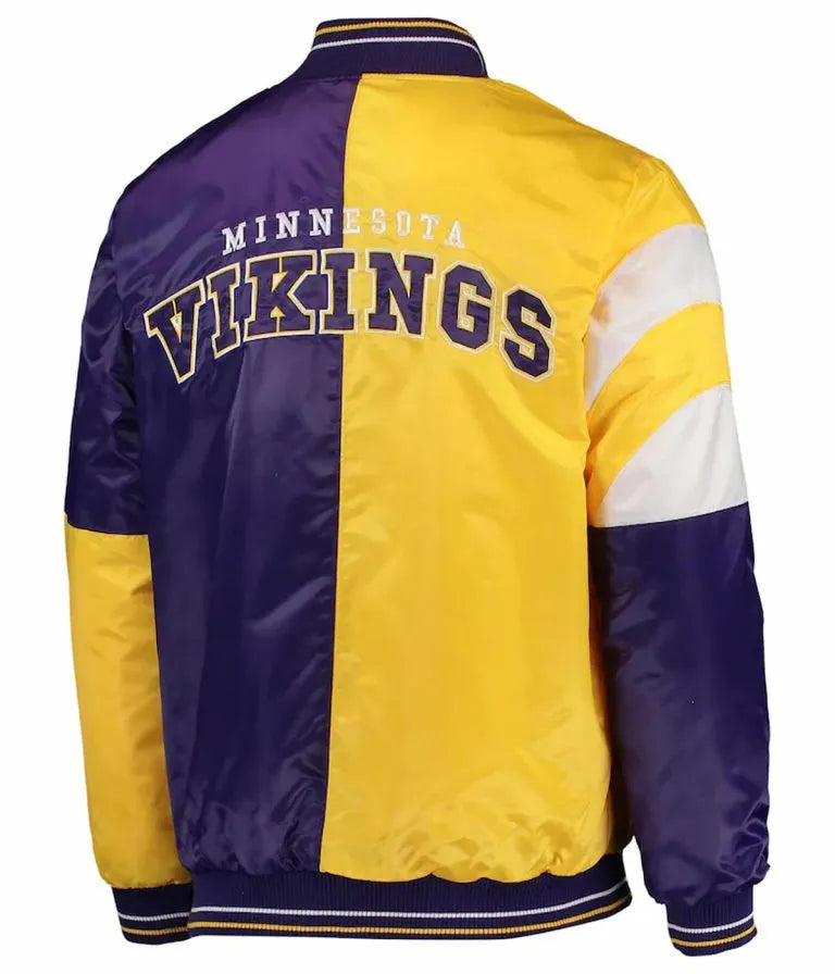 Minnesota Vikings Leader Full-Snap Varsity Yellow and Purple Satin Men's Bomber Jacket