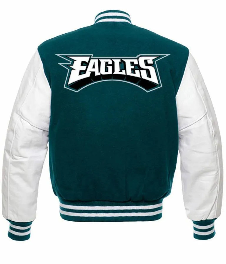 Philadelphia Eagles Green Wool & White Genuine Leather Sleeves Men's Varsity Letterman Jacket