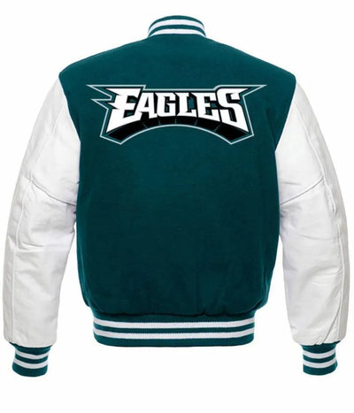 Philadelphia Eagles Green Wool & White Genuine Leather Sleeves Men's Varsity Letterman Jacket