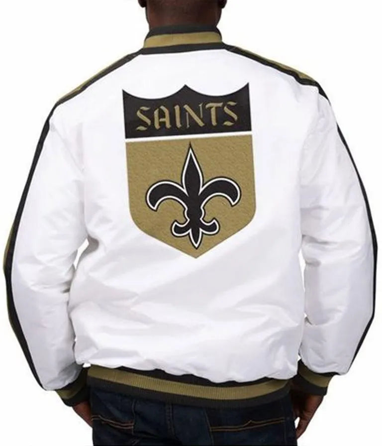 New Orleans Saints The D-Line Full-Snap Varsity White Satin Men's Bomber Jacket