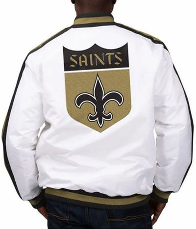 New Orleans Saints The D-Line Full-Snap Varsity White Satin Men's Bomber Jacket