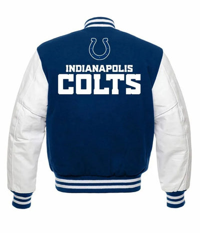 Indianapolis Colts Blue Wool and White Genuine Leather Sleeves Men's Varsity Letterman Jacket