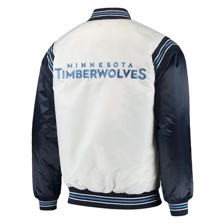 Minnesota Timberwolves Renegade Full-Snap Varsity White and Navy Blue Satin Men's Bomber Jacket