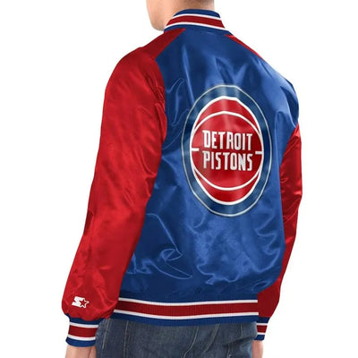 Detroit Pistons Renegade Full-Snap Varsity Royal Blue & Red Satin Men's Bomber Jacket