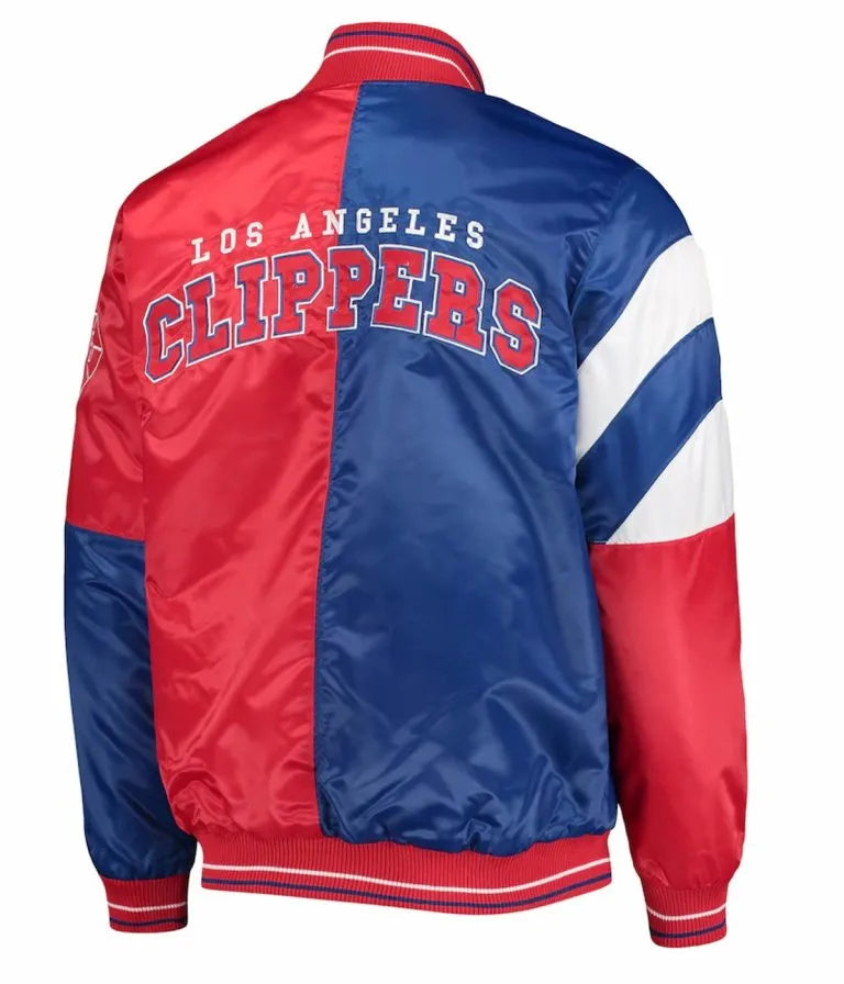 Los Angeles Clippers Color Block Full-Snap Varsity Red and Blue Satin Men's Bomber Jacket