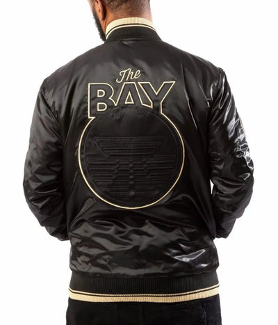 Golden State Warriors Full-Snap Varsity Black/Gold Satin Men's Bomber Jacket