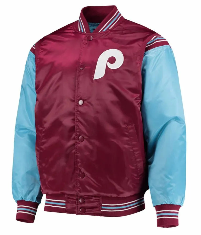 Philadelphia Phillies Burgundy and Blue Satin Full Snap Varsity Men's Jacket