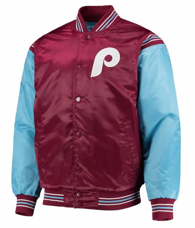 Philadelphia Phillies Burgundy and Blue Satin Full Snap Varsity Men's Jacket