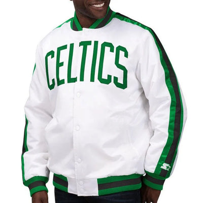 Boston Celtics The D-Line Full-Snap Varsity White Satin Men's Bomber Jacket