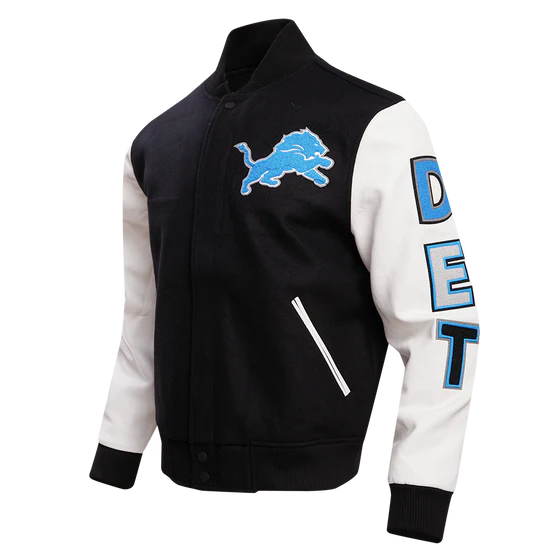 Detroit Lions Black Wool & White Genuine Leather Sleeves Men's Varsity Jacket