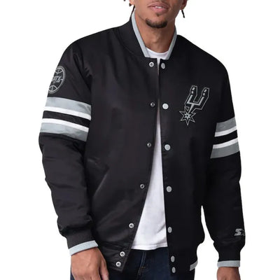 San Antonio Spurs Scout I Full-Snap Varsity Black Satin Men's Bomber Jacket