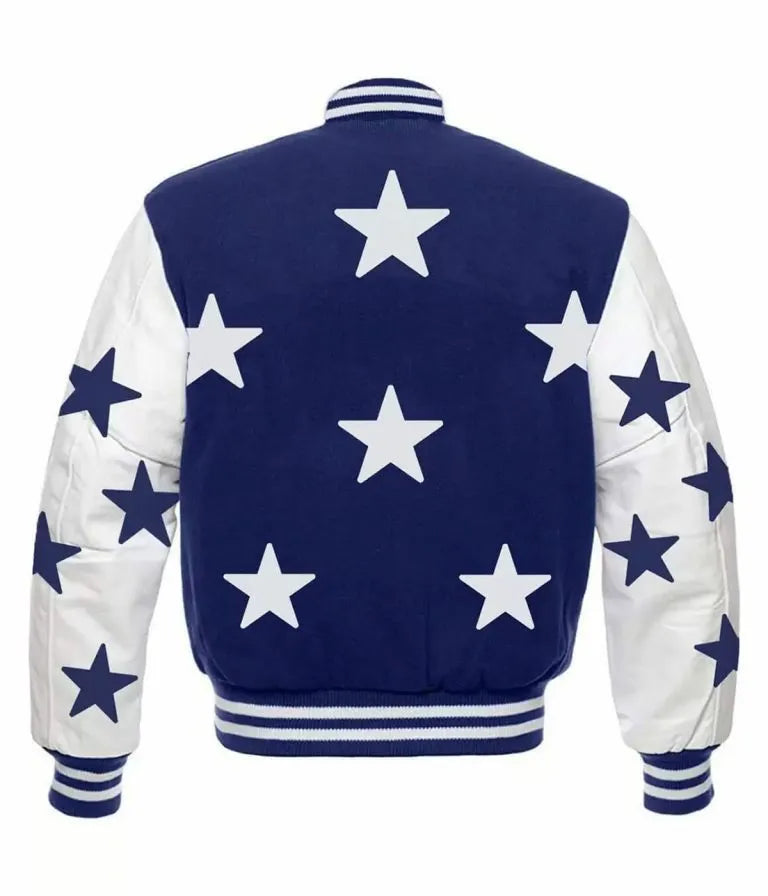 Dallas Cowboys Stars Royal Blue Wool & White Genuine Leather Sleeves Men's Varsity Jacket