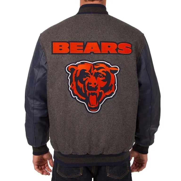 Chicago Bears Charcoal Wool & Navy Blue Genuine Leather Sleeves Full-Snap Men's Varsity Jacket