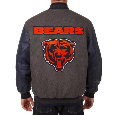 Chicago Bears Charcoal Wool & Navy Blue Genuine Leather Sleeves Full-Snap Men's Varsity Jacket