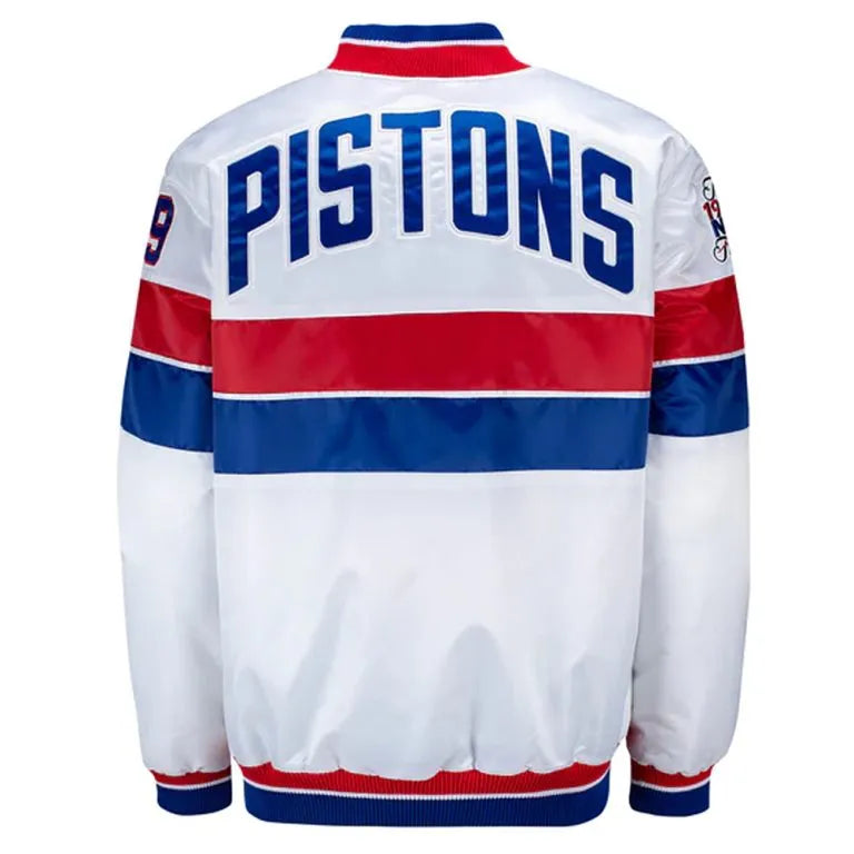 Detroit Pistons 35th Anniversary Full-Snap Varsity White Satin Men's Bomber Jacket