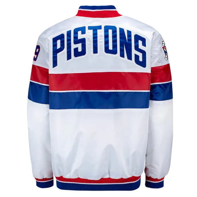 Detroit Pistons 35th Anniversary Full-Snap Varsity White Satin Men's Bomber Jacket