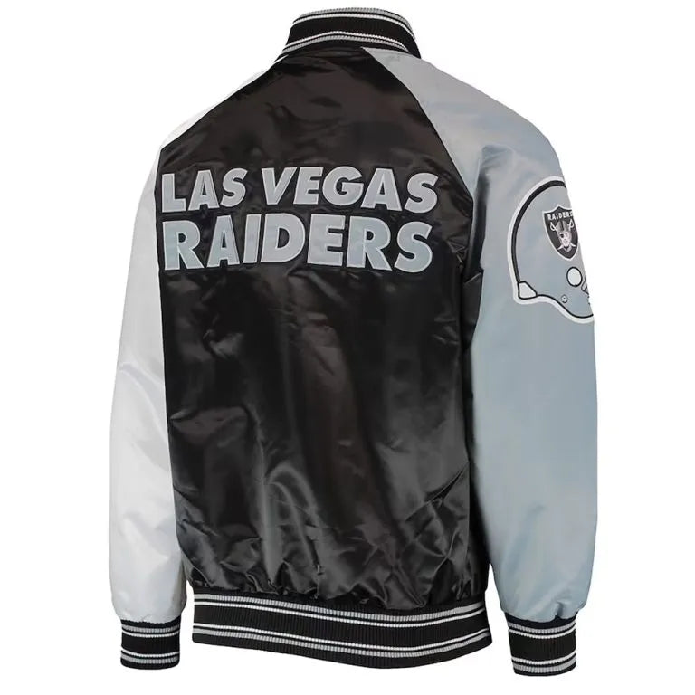 Los Angeles Raiders The Reliever Full-Snap Varsity Black Satin Men's Bomber Jacket