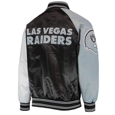 Los Angeles Raiders The Reliever Full-Snap Varsity Black Satin Men's Bomber Jacket
