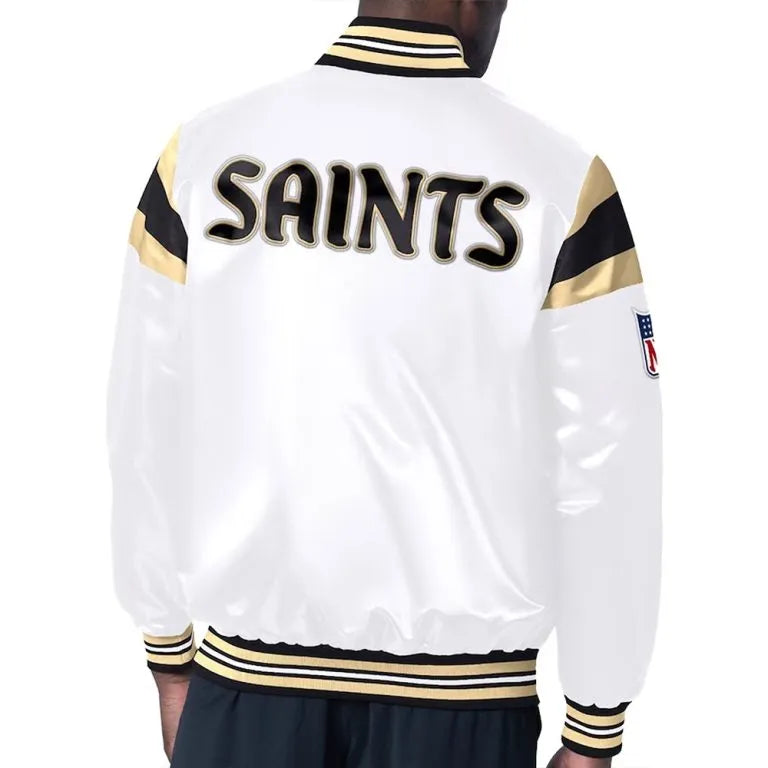 New Orleans Saints Midweight Full-Snap Varsity White Satin Men's Bomber Jacket