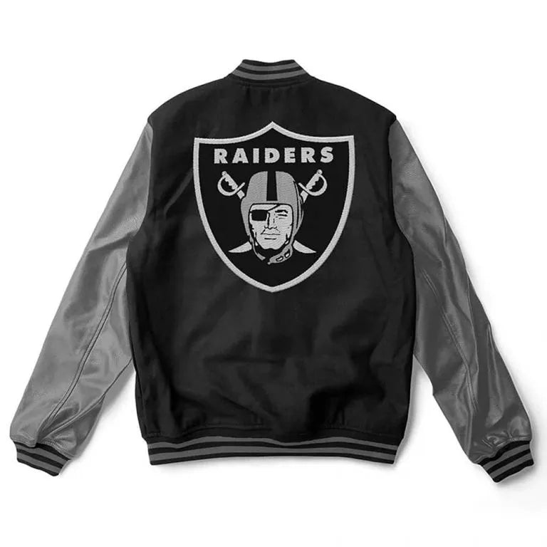 Los Vegas Raiders Black Wool and Gray Genuine Leather Sleeves Men's Varsity Letterman Jacket
