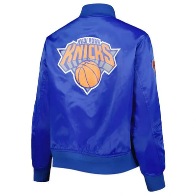 New York Knick Classic Full-Snap Varsity Royal Blue Satin Men's Bomber Jacket
