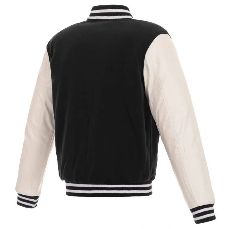 Los Vegas Raiders Black Wool and White Genuine Leather Sleeves Men's Varsity Letterman Jacket