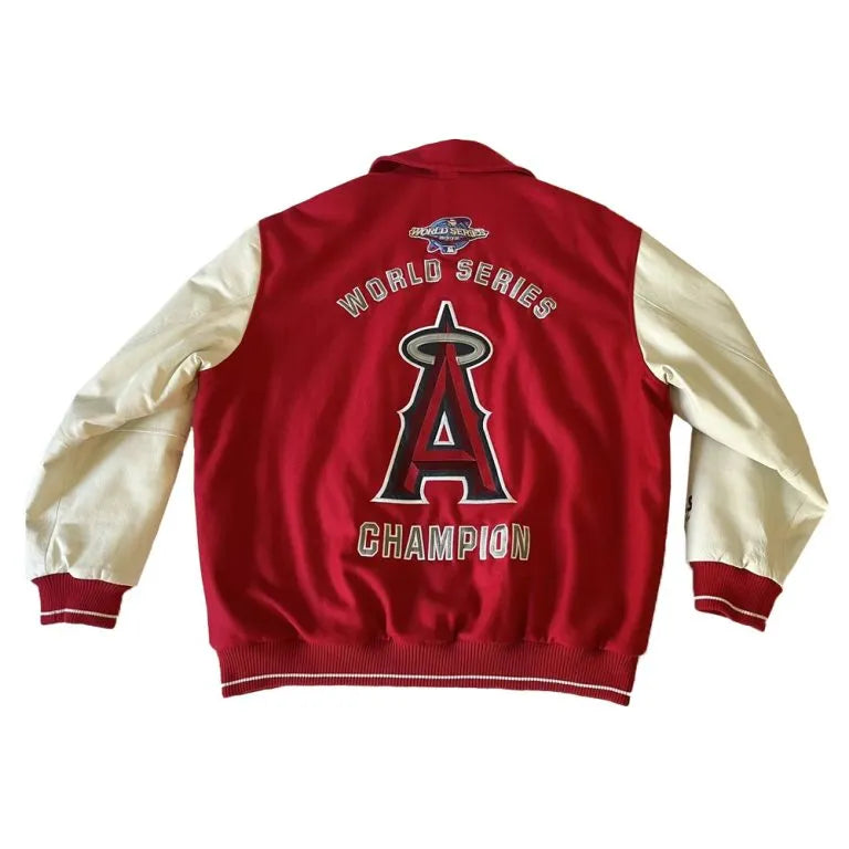 LA Angels World Series Champion 2002 Red and Off White Wool/Leather Varsity Men's Jacket