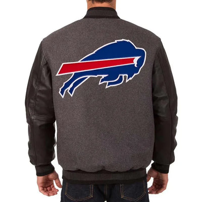 Buffalo Bills Charcoal Wool and Black Leather Sleeves Varsity Men's Letterman Jacket