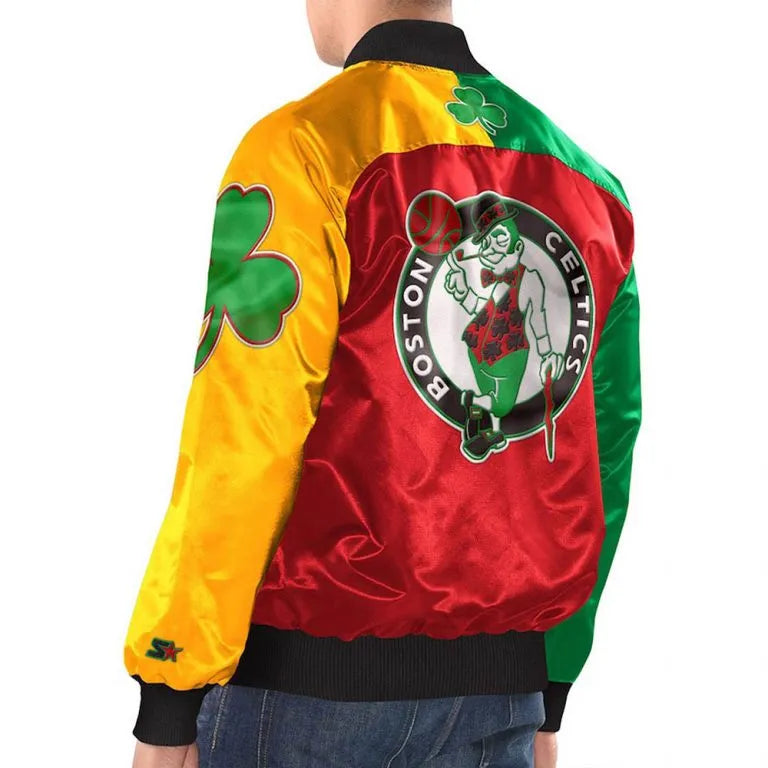 Boston Celtics Ty Mopkins Full-Snap Varsity Black/Red Satin Men's Bomber Jacket